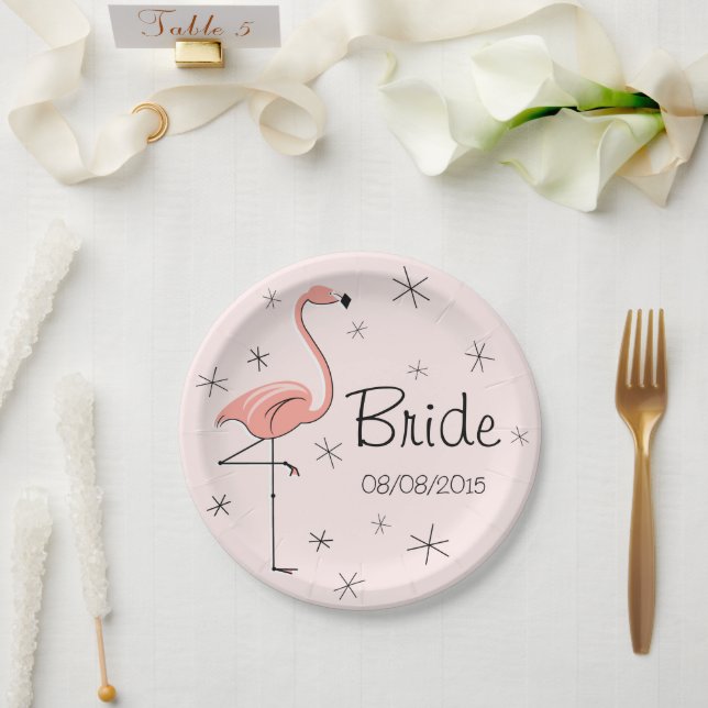Flamingo Pink Bridge und Date Paper plate Pappteller (Hochzeit)