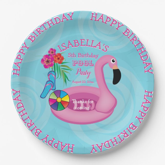 Flamingo Pink Floral Birthday Pool Party Pappteller (Vorderseite)