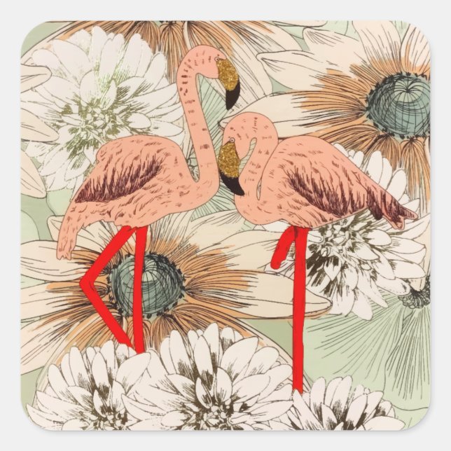 Flamingo Pink Floral Tropical Blätter Glitzer Quadratischer Aufkleber (Vorderseite)