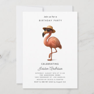  Flamingo Pink Flowers Birthday Party Invitation