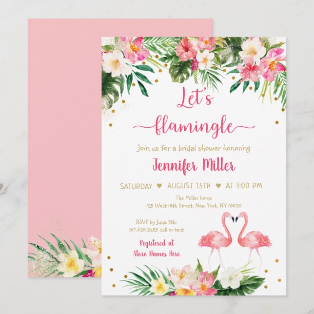 Flamingo Pink Gold Tropical Brautparty Einladung (Vorne/Hinten)