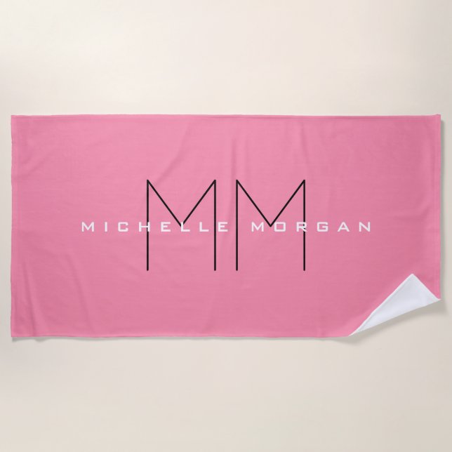 Flamingo Pink Monogram Minimalistisch Name Initial Strandtuch (Vorderseite)