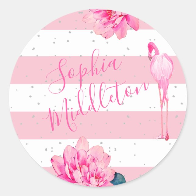 Flamingo Pink Weißer Streifen floraler Chic Silver Runder Aufkleber (Vorderseite)