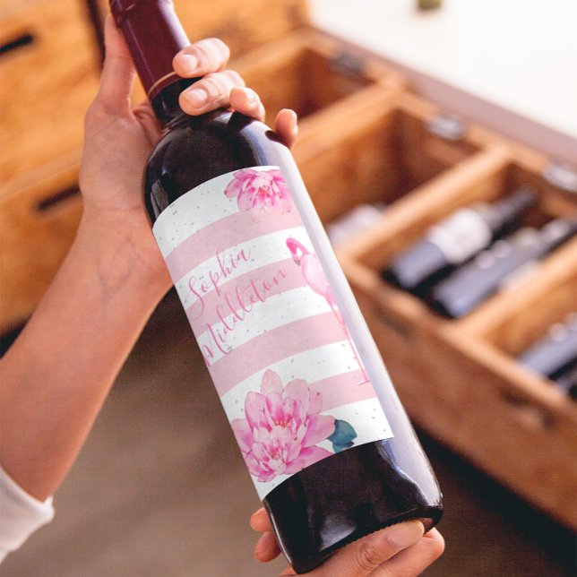 Flamingo Pink Weißer Streifen floraler Chic Silver Weinetikett (Von Creator hochgeladen)