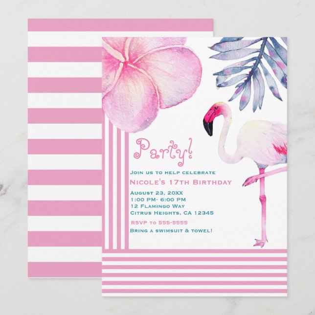 Flamingo Pink & White Streifen Geburtstagsparty Einladung (Vorne/Hinten)