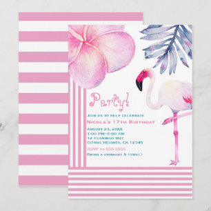 Flamingo Pink & White Streifen Geburtstagsparty Einladung
