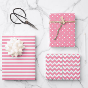 Flamingo Pink & White Streifen Polka Dot Zickzack  Geschenkpapier Set