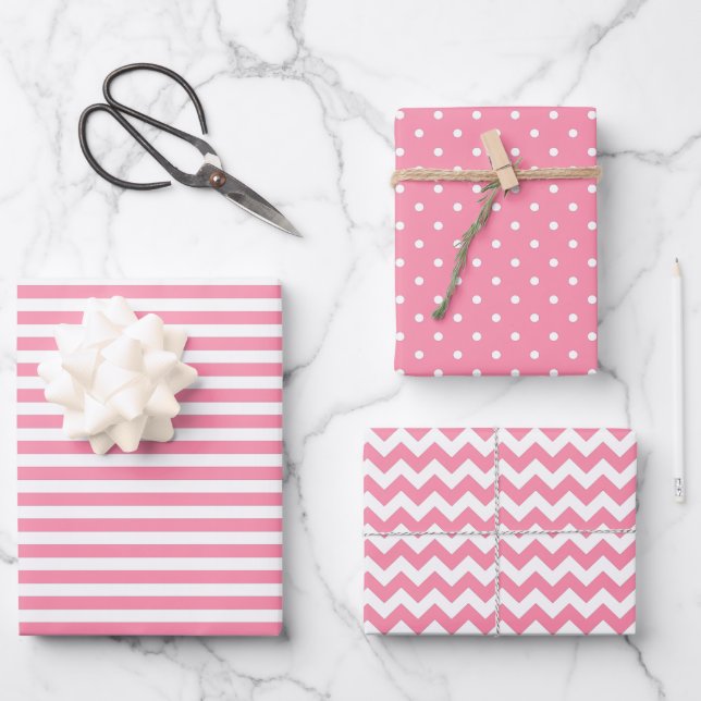 Flamingo Pink & White Streifen Polka Dot Zickzack Geschenkpapier Set (Vorderseite)