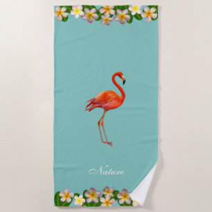 Flamingo & Plumeria-Blumen auf Türkis Strandtuch