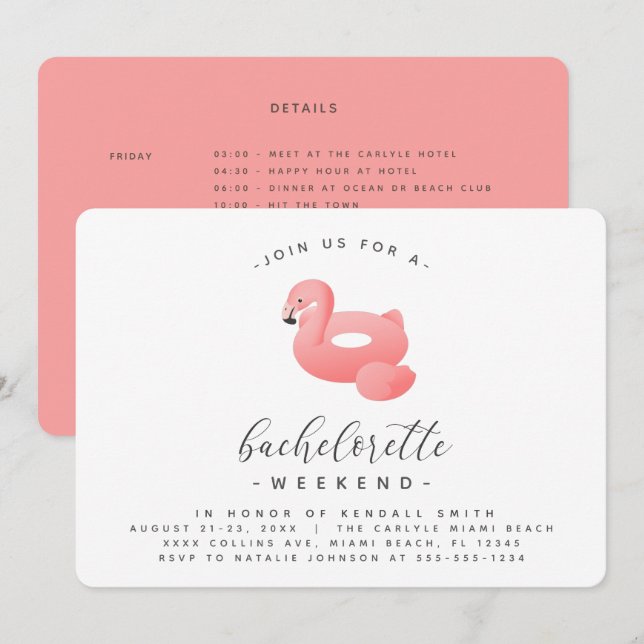 Flamingo Pool Float Minimal Bachelorette Einladung (Vorne/Hinten)