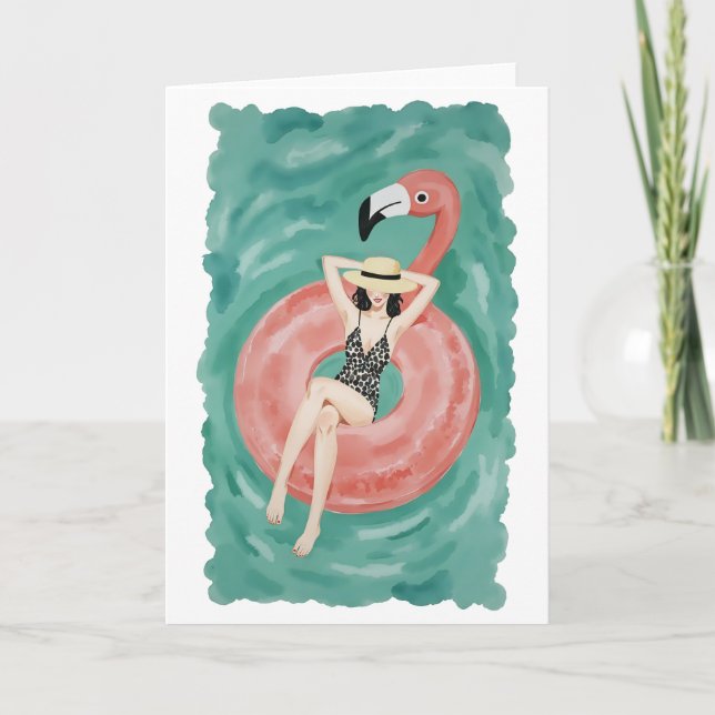 Flamingo Pool Floatie Wasserfarbe Karte (Vorderseite)