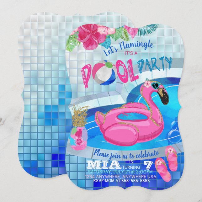 Flamingo-Pool-Party, tropische Einladung (Vorne/Hinten)