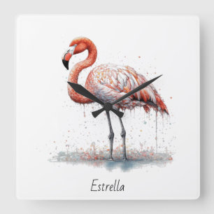 Flamingo-Radiance: Wasserfarbenkunst, individuell Quadratische Wanduhr