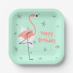 Flamingo Retro Green Happy Geburtstag Platz Pappteller