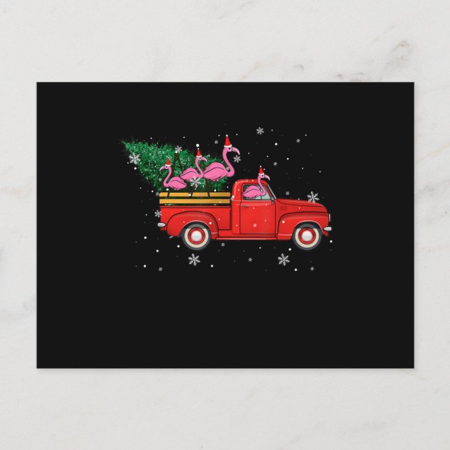 Flamingo Riding Red Truck Xmas Weihnachtsmannmütze Ankündigungspostkarte (Vorderseite)