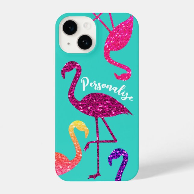Flamingo rosa Glitzern Türkis personalisieren iPhone 14 Hülle (Rückseite)