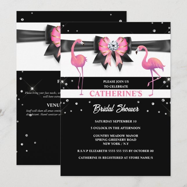 Flamingo Rosa Schwarzes Brautparty Glitzer Glasur Einladung (Vorne/Hinten)