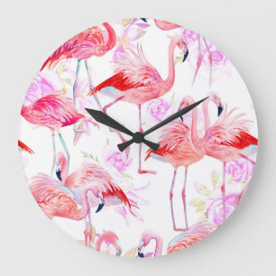 Flamingo Rose: Wasserfarbe Vogel Floral Große Wanduhr