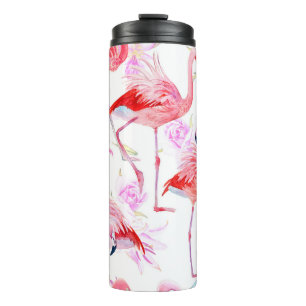 Flamingo Rose: Wasserfarben-Vogel-Blumen Thermosbecher