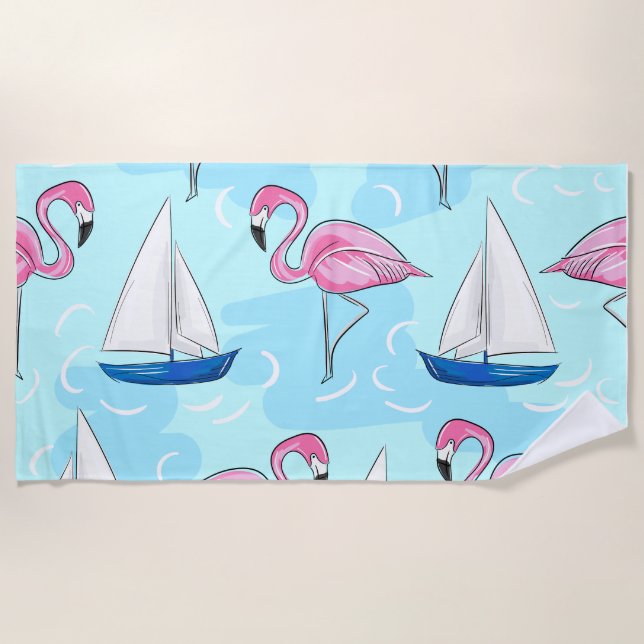 Flamingo Sailboat Preppy Strandtuch (Vorderseite)