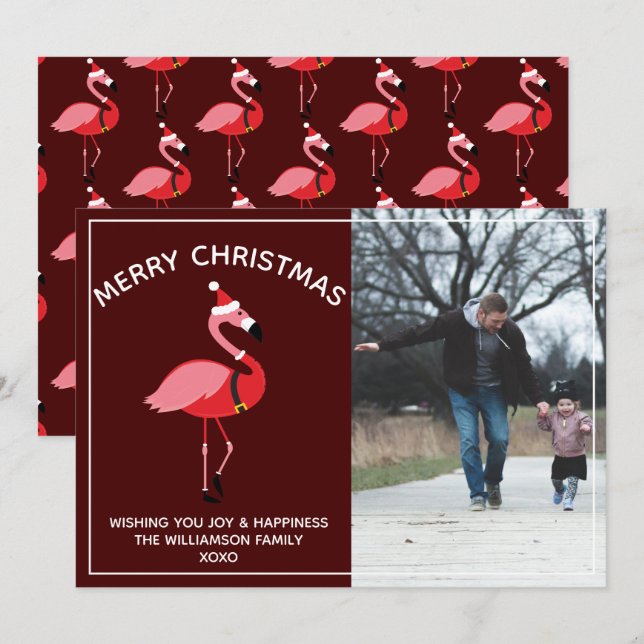 Flamingo Santa Burgundy Foto Weihnachten (Vorne/Hinten)