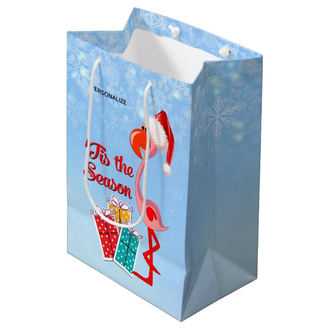Flamingo Santa Christmas Mittlere Geschenktüte (Vorderseite Schrägansicht)