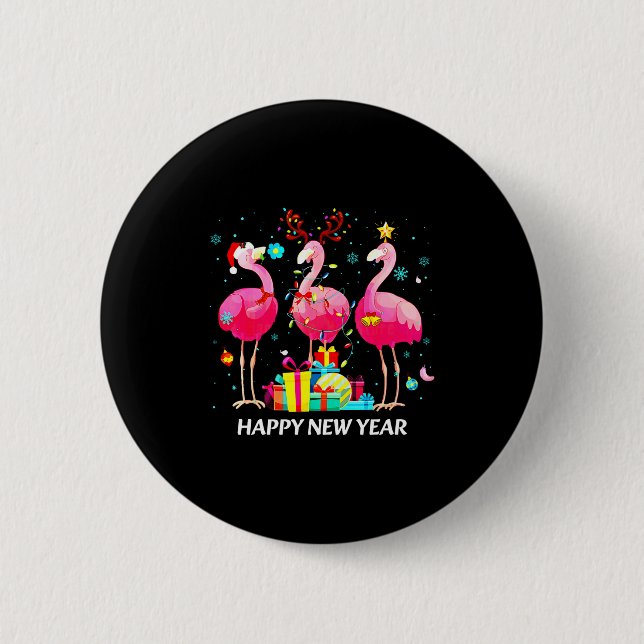 Flamingo Santa Hat Happy New Year Light Long Sleev Button (Vorderseite)
