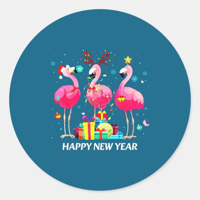 Flamingo Santa Hat Happy New Year Light Long Sleev Runder Aufkleber (Vorderseite)