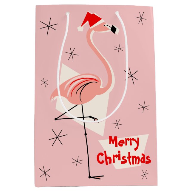 Flamingo Santa Pink Frohe Weihnachtsmittel Mittlere Geschenktüte (Vorderseite)