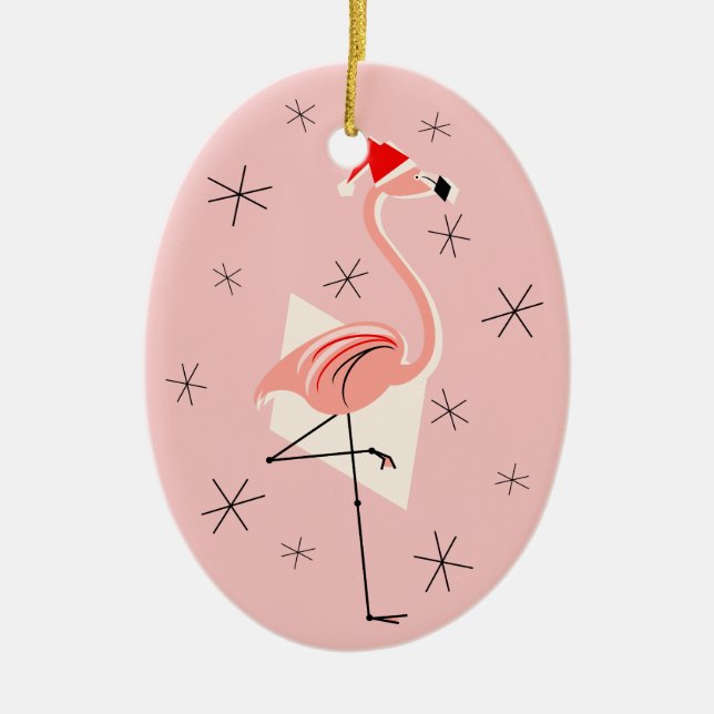 Flamingo Santa Pink Text Ornament Oval (Vorne)