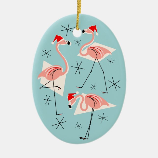 Flamingo Santas Blauer Text Ornament Oval (Vorne)