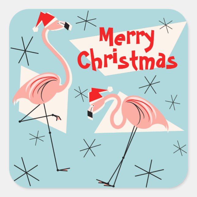 Flamingo Santas Blue Frohe Weihnachtsplatz Quadratischer Aufkleber (Vorderseite)