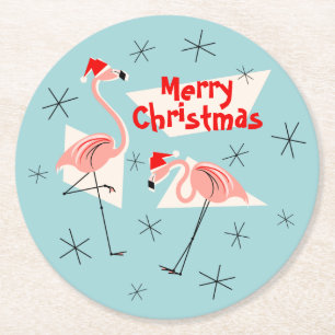 Flamingo Santas Blue Frohe Weihnachtsrunde Runder Pappuntersetzer