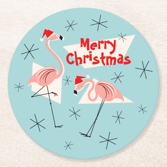 Flamingo Santas Blue Frohe Weihnachtsrunde Runder Pappuntersetzer (Vorderseite)