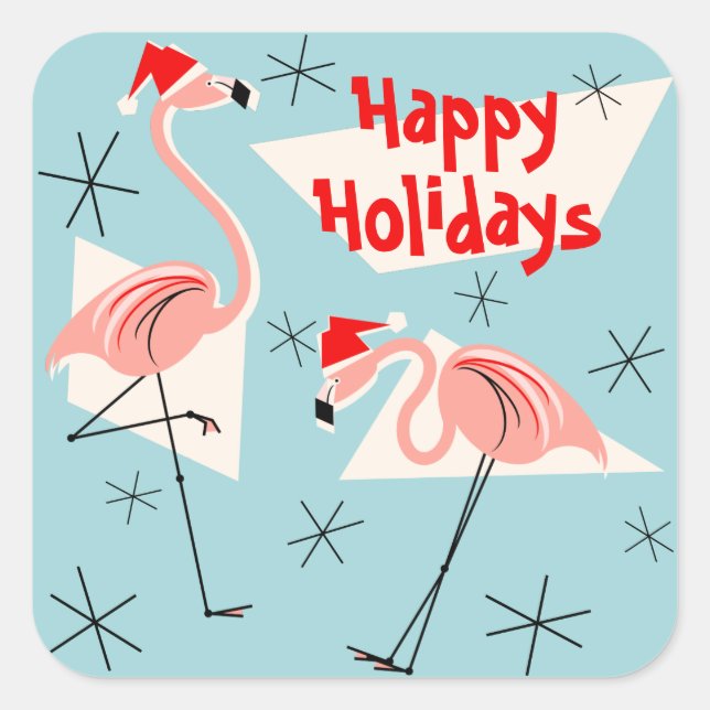 Flamingo Santas Blue Happy Holidays Aufkleber Plat (Vorderseite)