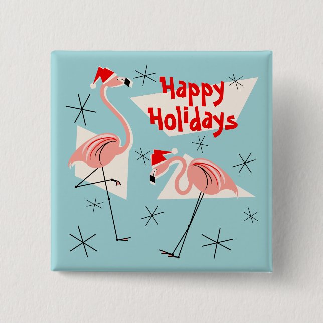 Flamingo Santas Blue Happy Holidays Button Platz (Vorderseite)