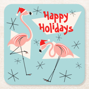 Flamingo Santas Blue Happy Holidays Square Rechteckiger Pappuntersetzer
