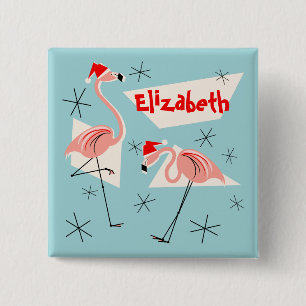 Flamingo Santas Blue Name Button Quadrat