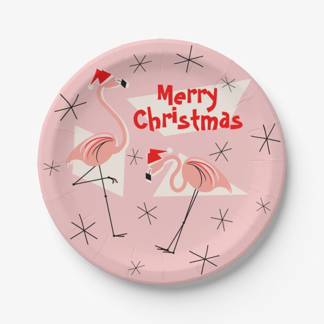 Flamingo Santas Pink Frohe Weihnachtszeitung Pappteller (Vorderseite)