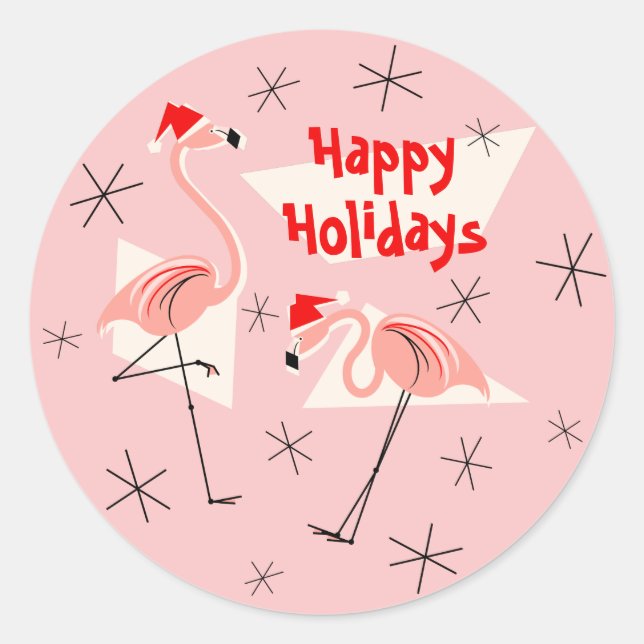 Flamingo Santas Pink Happy Holidays Aufkleber rund (Vorderseite)