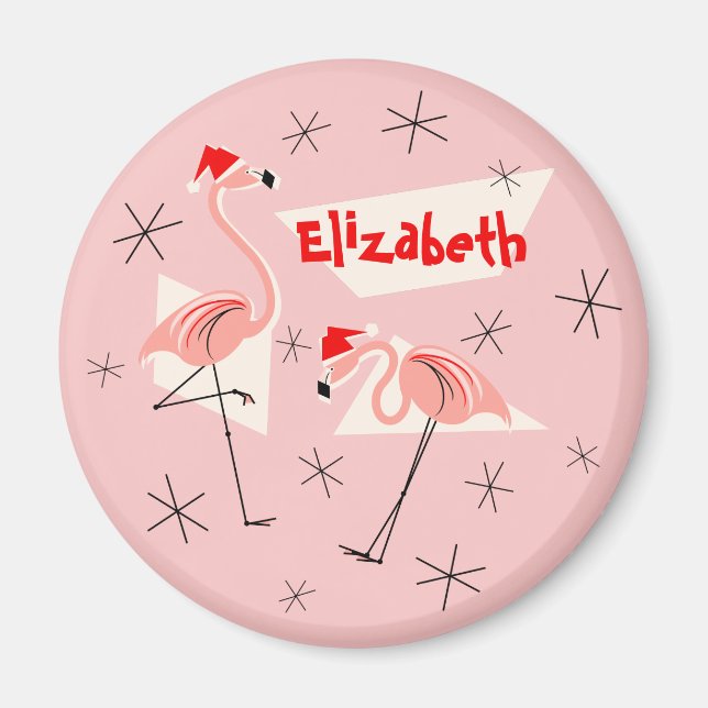 Flamingo Santas Pink Name Magnet rund (Vorne)
