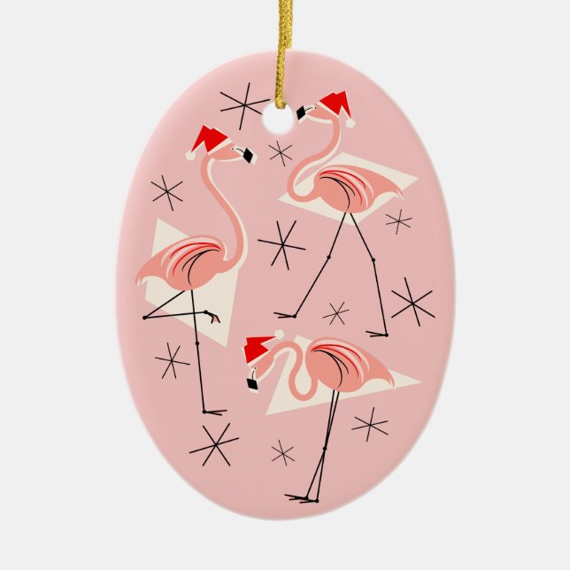 Flamingo Santas Pink Text Ornament Oval (Vorne)
