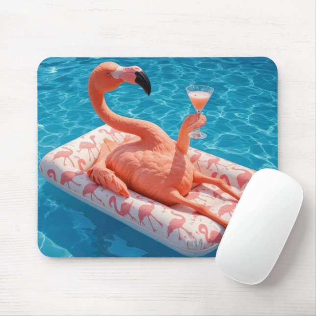 Flamingo schwimmt mit einem Cocktail im Pool Mousepad (Mit Mouse)