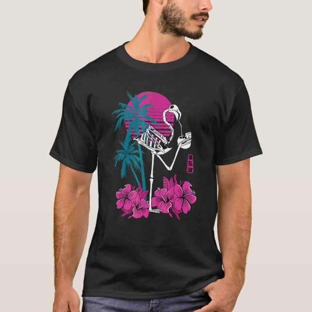 Flamingo Skeleton Blume Retro Crazy Drinking Fla T-Shirt (Vorderseite)