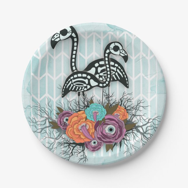Flamingo-Skeleton Halloween-Zusammensetzung Pappteller (Vorderseite)