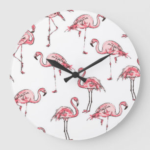 Flamingo Sketch: Tropisches Vintages Muster. Große Wanduhr