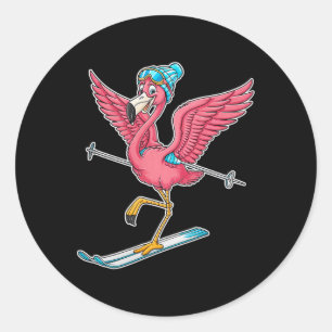 Flamingo Ski Fun Winter Sports Runder Aufkleber