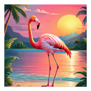 Flamingo-Sonnenuntergang Tropischer Strand Fotodruck