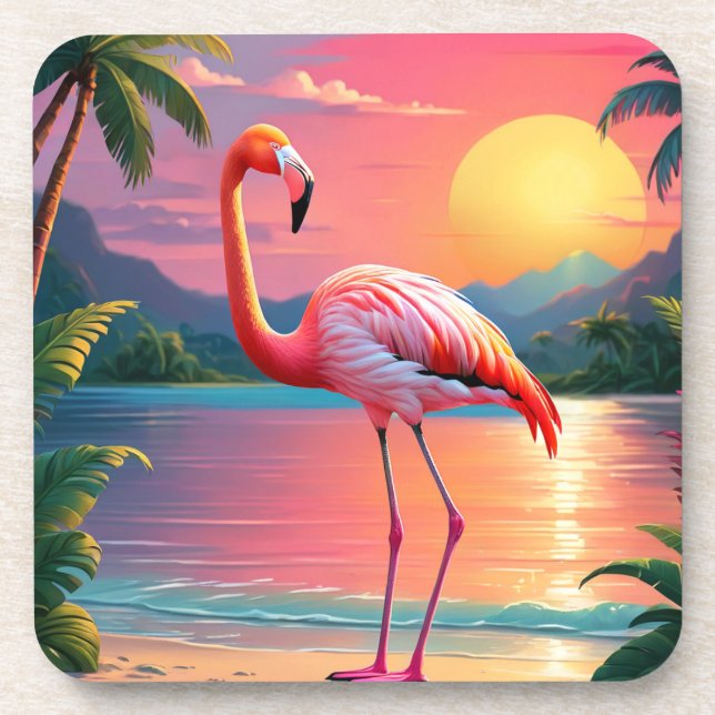 Flamingo Sonnenuntergang Tropischer Strand  Getränkeuntersetzer (Vorderseite)