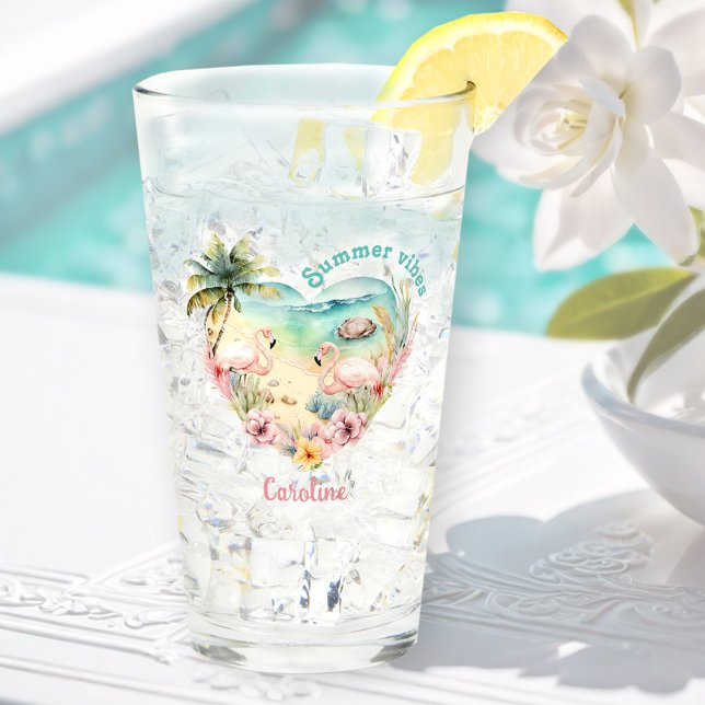 Flamingo Summer Beach Heart Tropical Hawaii Name Glas (Flamingo Summer Beach Heart Tropical Hawaii Name Glass)